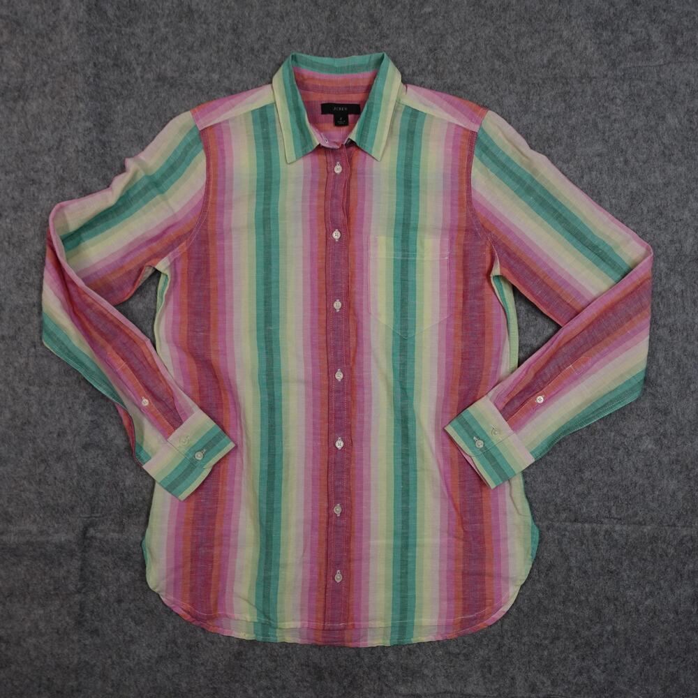 J. Crew Top Womens 2 Linen Blend Button Front Classic Fit‎ Boy Rainbow Stripe